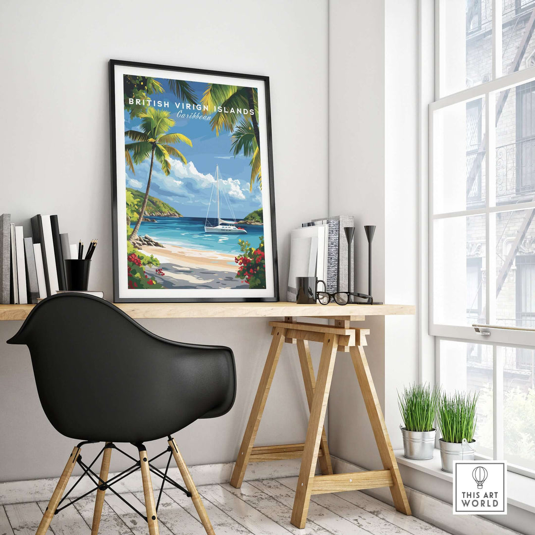 BVI Beach travel print featuring palm trees and a sailboat in a serene Caribbean landscape, ideal for coastal decor.