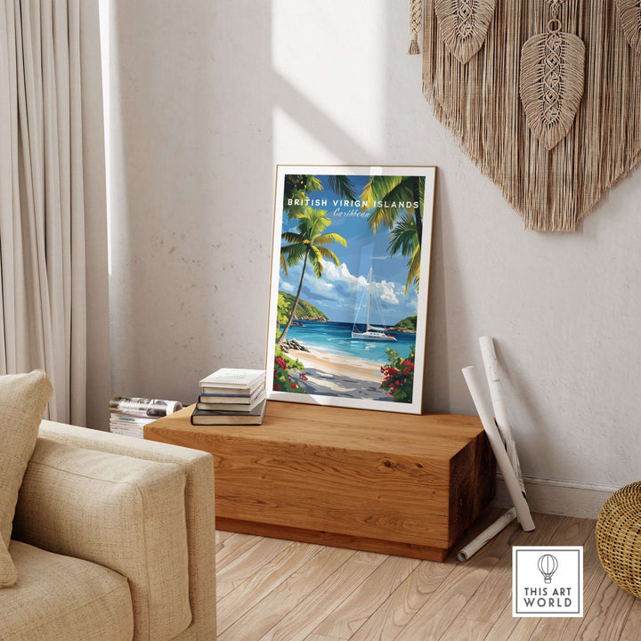 BVI Beach travel print with white sand, palm trees, and sailboat, perfect for tropical wall art decor.