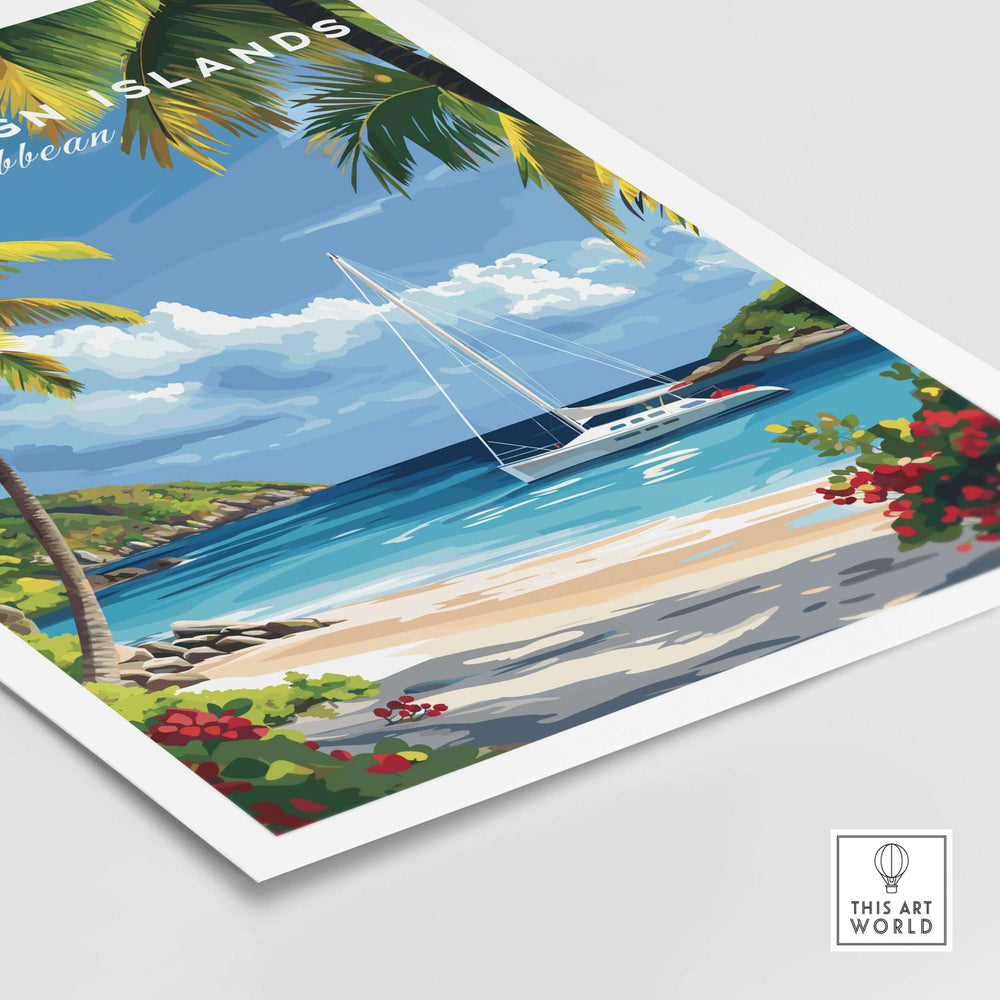 BVI Beach Travel Print poster featuring white sand, palm trees, and a sailboat in a tropical Caribbean landscape.