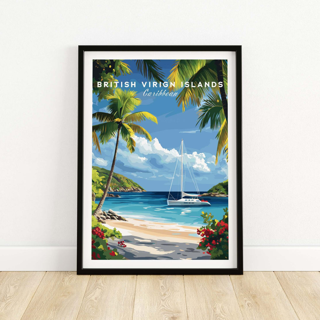 BVI beach travel print featuring white sand, palm trees, and a sailboat in a tropical Caribbean landscape.
