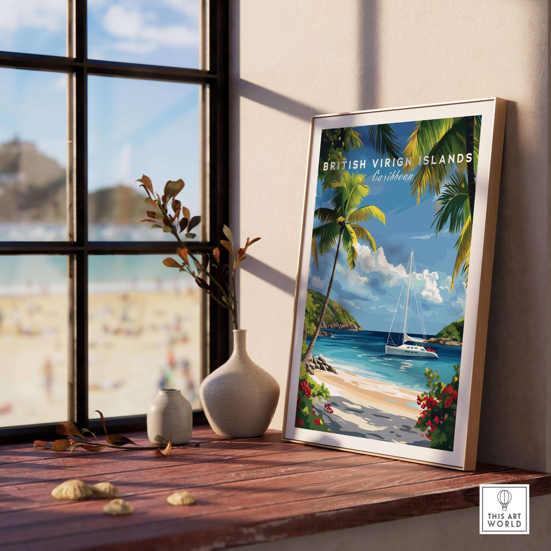 BVI Beach travel print featuring palm trees and sailboat, ideal for coastal home décor.