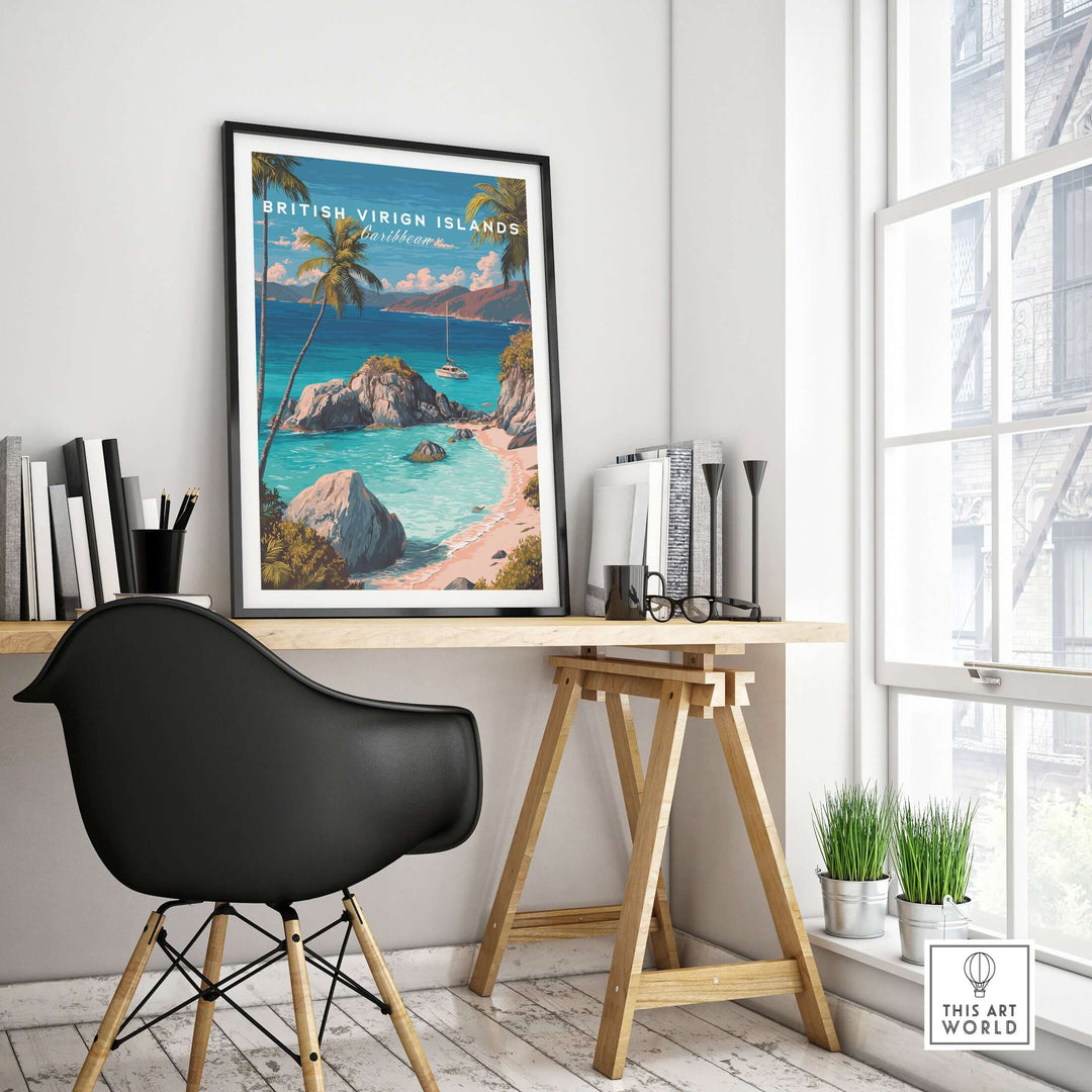British Virgin Islands travel print poster in a modern home office setting with natural light.