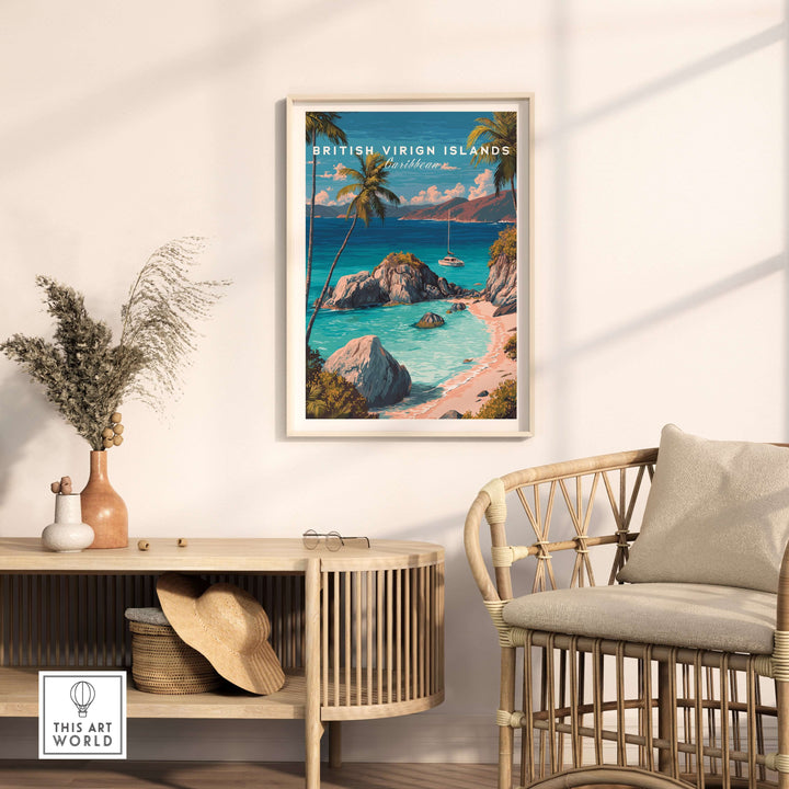 British Virgin Islands travel poster featuring Caribbean beaches and tropical scenery, perfect for coastal decor.
