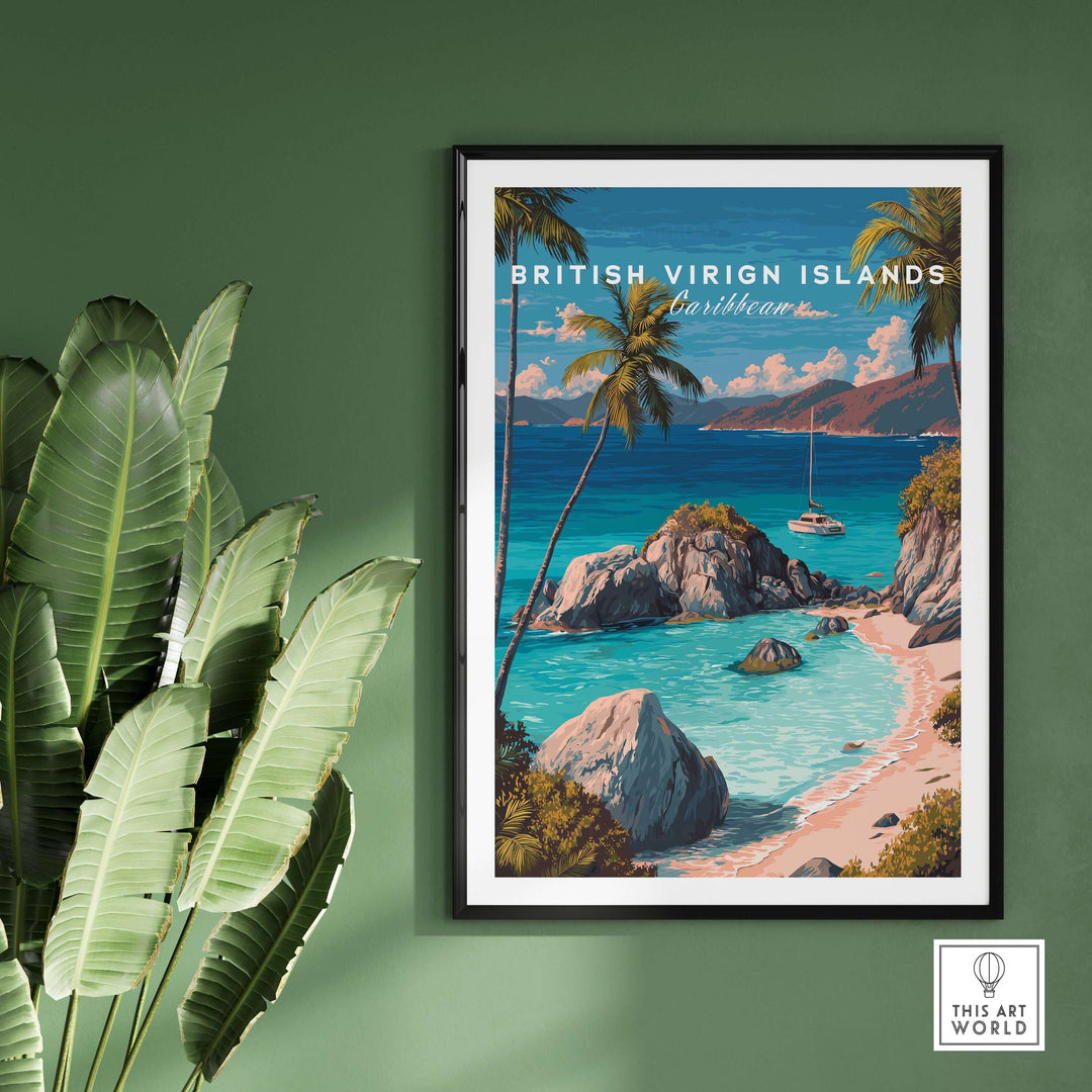 British Virgin Islands travel print featuring a tropical beach scene with palm trees and turquoise water.