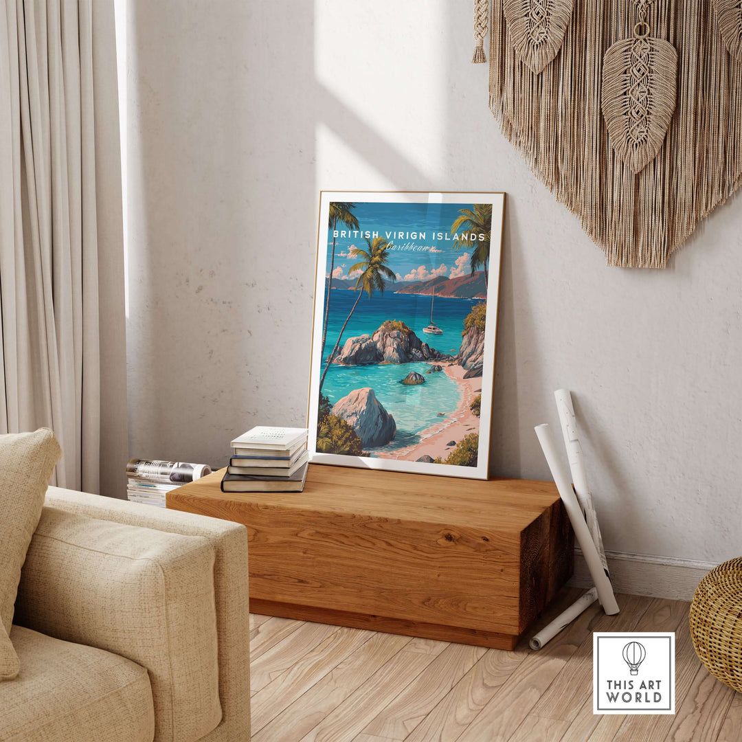 British Virgin Islands travel poster featuring tropical beach and crystal-clear Caribbean Sea, perfect for coastal decor.