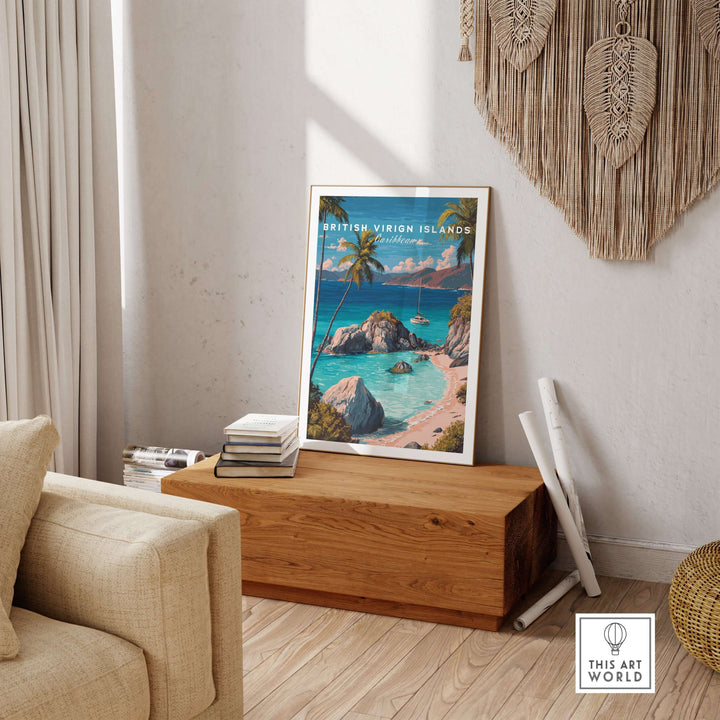 British Virgin Islands travel poster featuring tropical beach and crystal-clear Caribbean Sea, perfect for coastal decor.