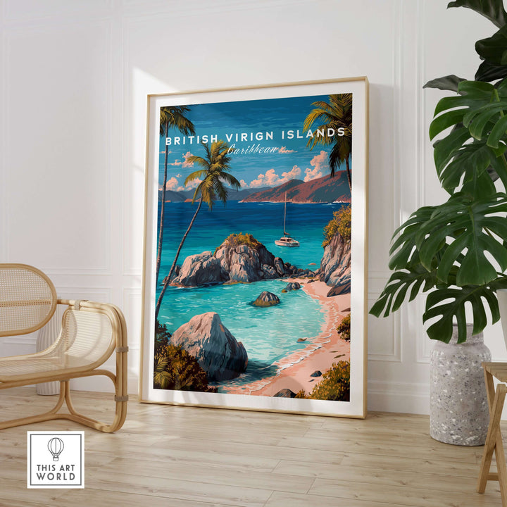 BVI travel print featuring Caribbean beach and palm trees, perfect wall decor for tropical-inspired home.