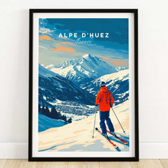 Alpe d'Huez wall art print featuring a skier on snowy slopes with mountains in the background, perfect for ski lovers.
