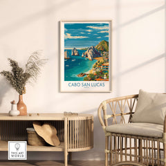 Mexico Cabo San Lucas Coastline Travel Poster Resort View Print Seascape Wall Art displayed in a stylish interior setting.