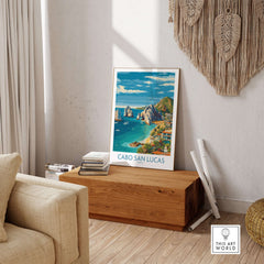 Mexico Cabo San Lucas Coastline Travel Poster Resort View Print Seascape Wall Art displayed in a modern living room.