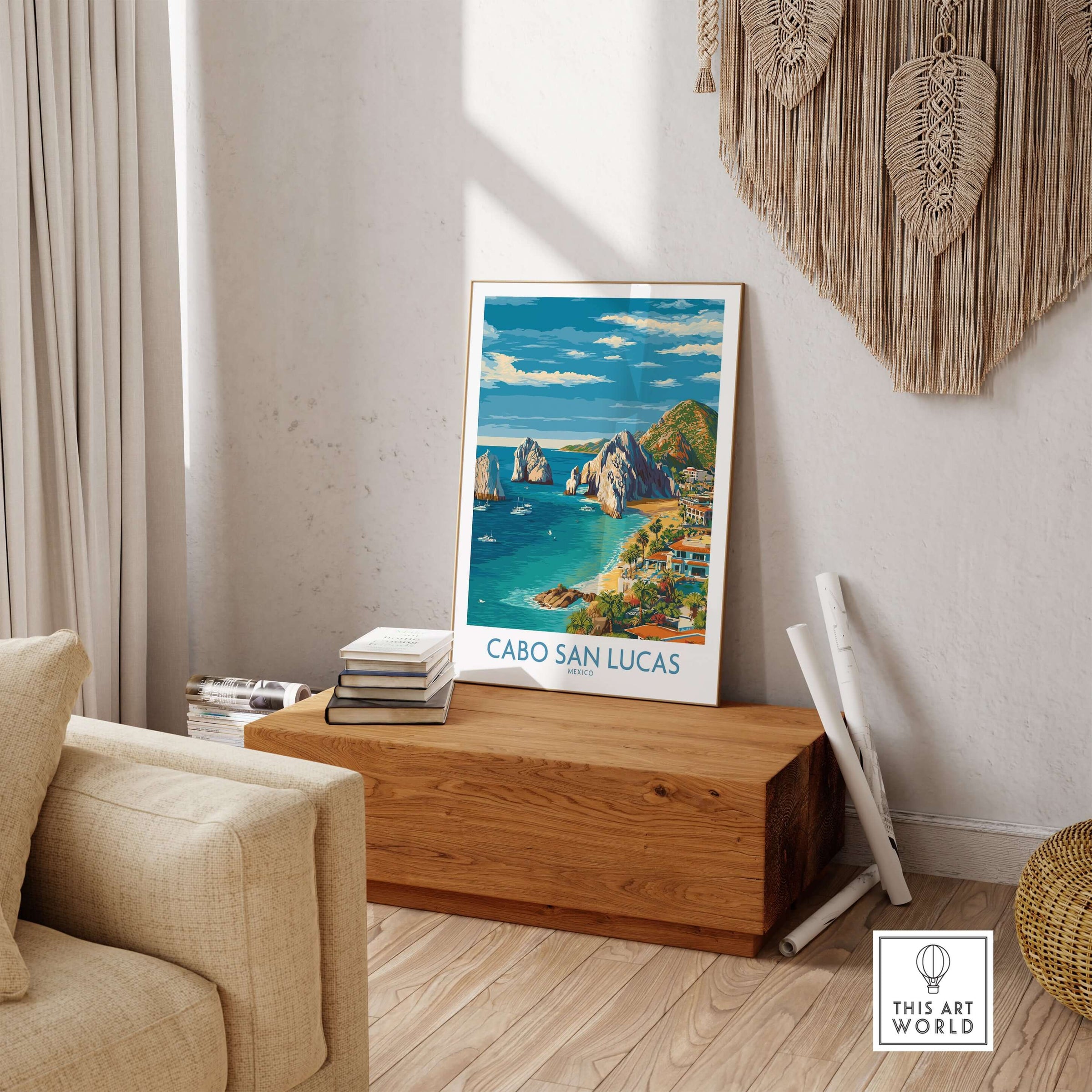 Mexico Cabo San Lucas Coastline Travel Poster Resort View Print Seascape Wall Art displayed in a modern living room.