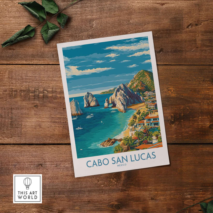 Colorful Cabo San Lucas travel poster featuring coastline, rocky outcrops, and resort views of Mexico's vibrant seascape.