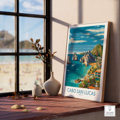 Mexico Cabo San Lucas Coastline Travel Poster Resort View Print Seascape Wall Art displayed in a bright interior setting.