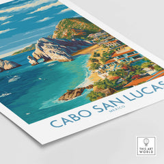 Mexico Cabo San Lucas Coastline Travel Poster Resort View Print Seascape Wall Art with vibrant seaside scenery.