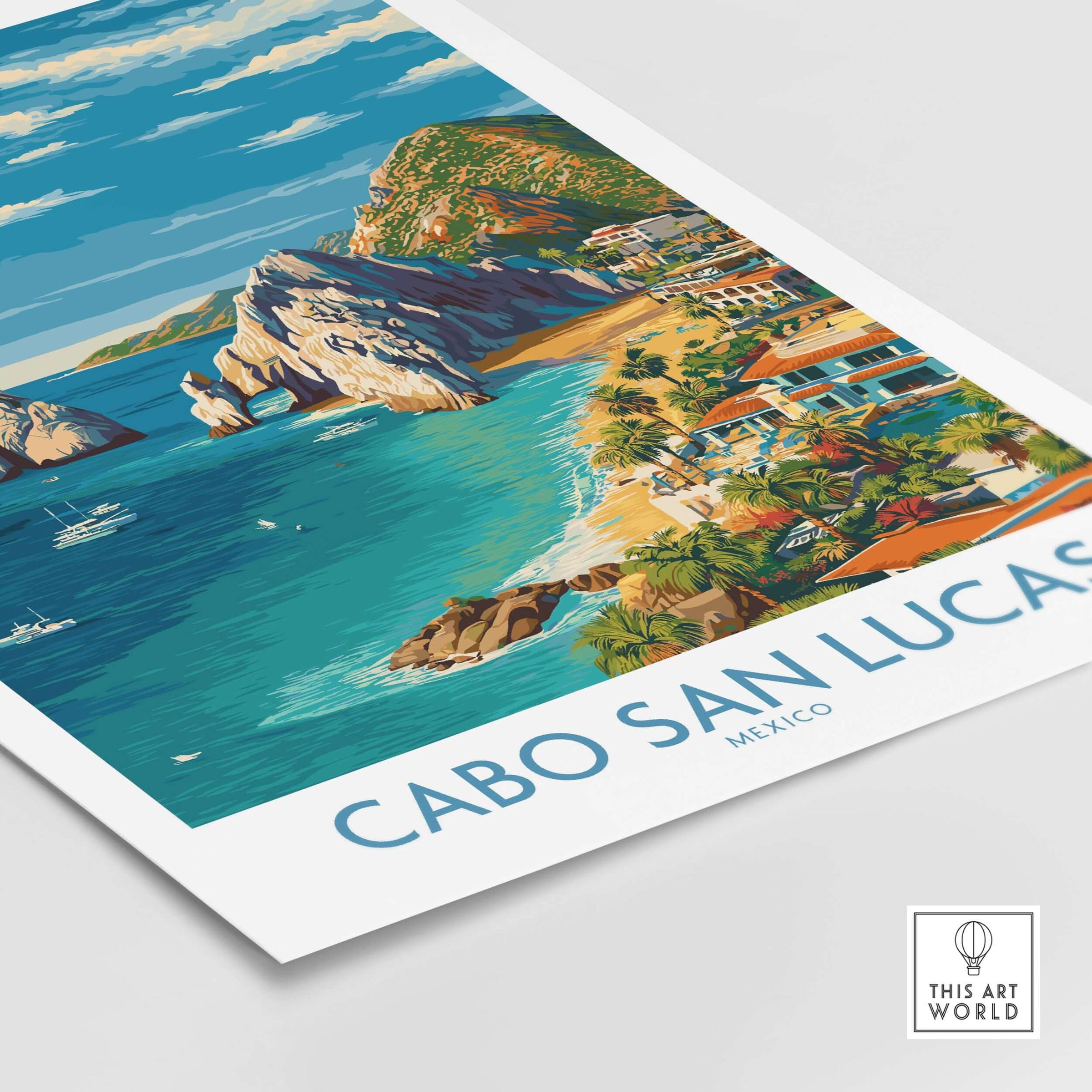 Mexico Cabo San Lucas Coastline Travel Poster Resort View Print Seascape Wall Art with vibrant seaside scenery.