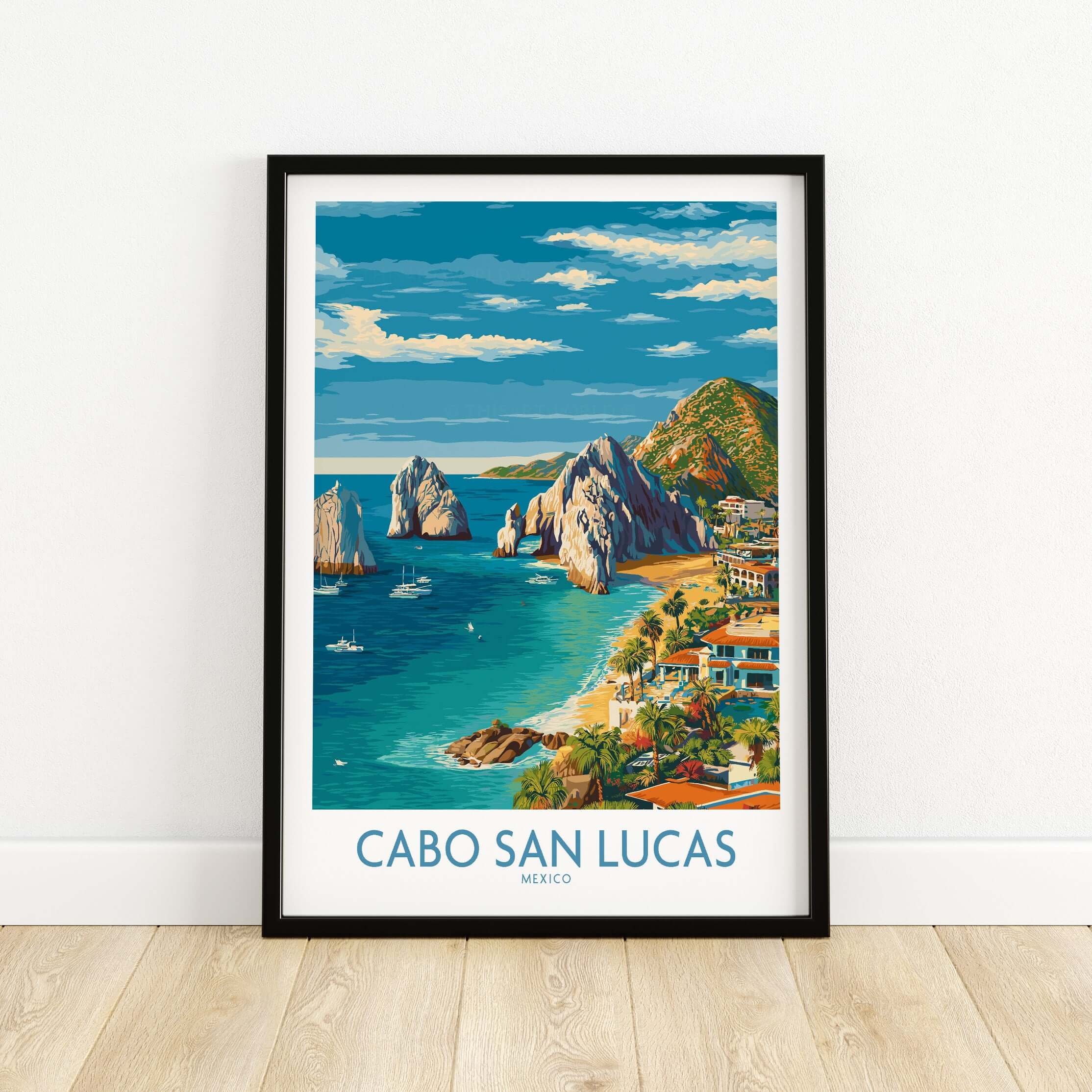 Mexico Cabo San Lucas Coastline Travel Poster Resort View Print Seascape Wall Art framed poster showcasing vibrant seascape.