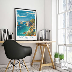 Mexico Cabo San Lucas Coastline Travel Poster Resort View Print Seascape Wall Art displayed in a stylish workspace.