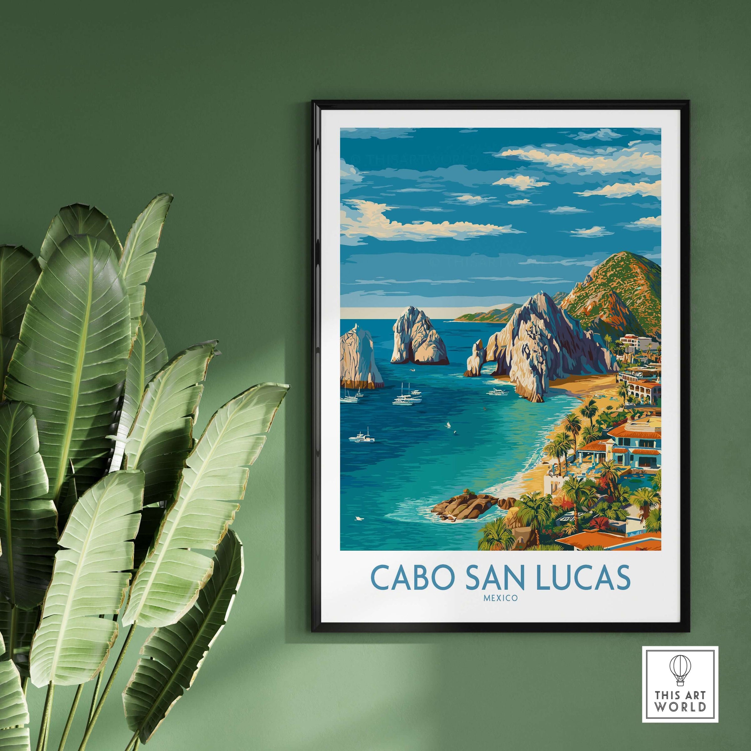 Mexico Cabo San Lucas Coastline Travel Poster Resort View Print Seascape Wall Art on a wall with palm leaves.