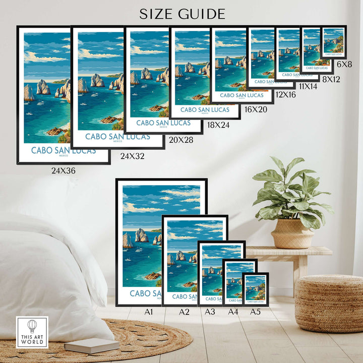 Cabo San Lucas travel poster size guide showcasing various print dimensions and vibrant seascape art.