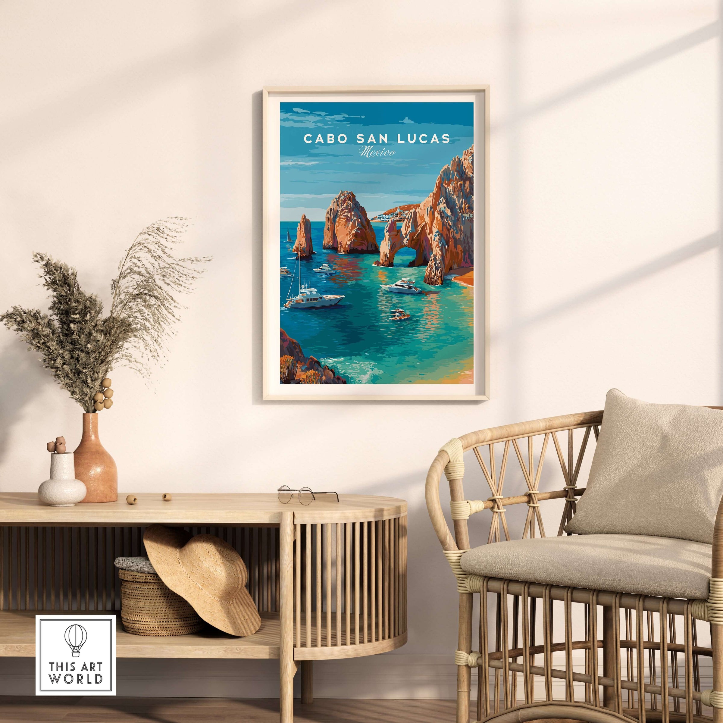 Mexico Cabo San Lucas El Arco Seascape Print Boats Cliffs Travel Poster Wall Art in a modern living room setting.