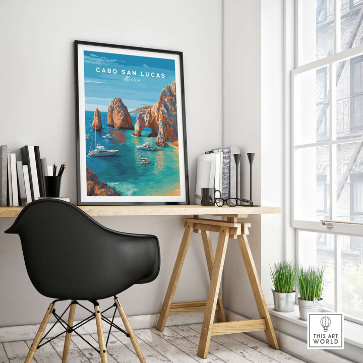 Cabo San Lucas travel poster featuring El Arco cliffs and boats, perfect wall art for coastal decor.