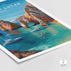 Mexico Cabo San Lucas El Arco Seascape Print Boats Cliffs Travel Poster Wall Art showcasing vibrant cliffs and boats.