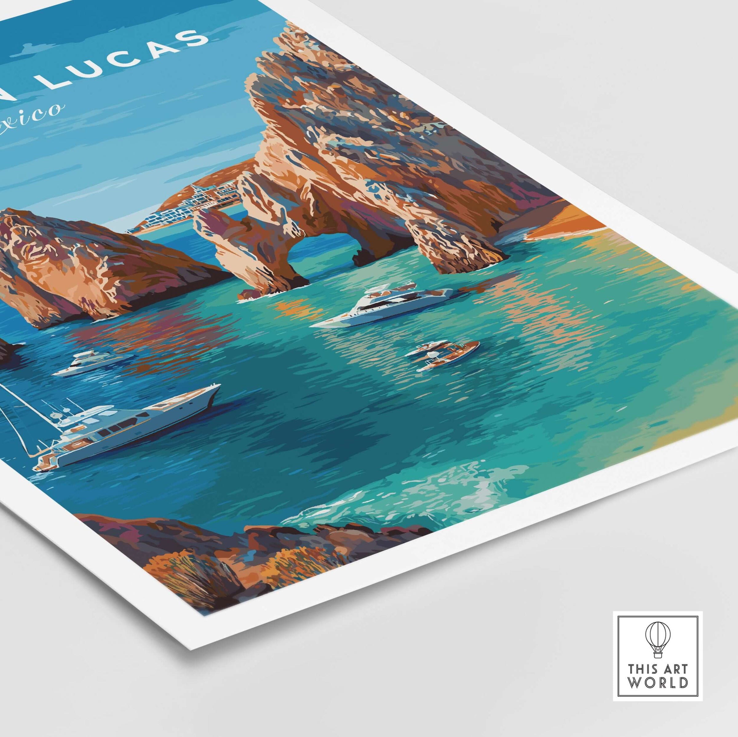 Mexico Cabo San Lucas El Arco Seascape Print Boats Cliffs Travel Poster Wall Art showcasing vibrant cliffs and boats.