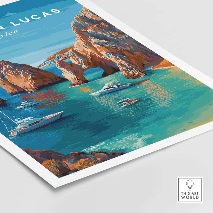 Vivid Cabo San Lucas El Arco seascape print with boats and cliffs, perfect wall art for travel lovers.