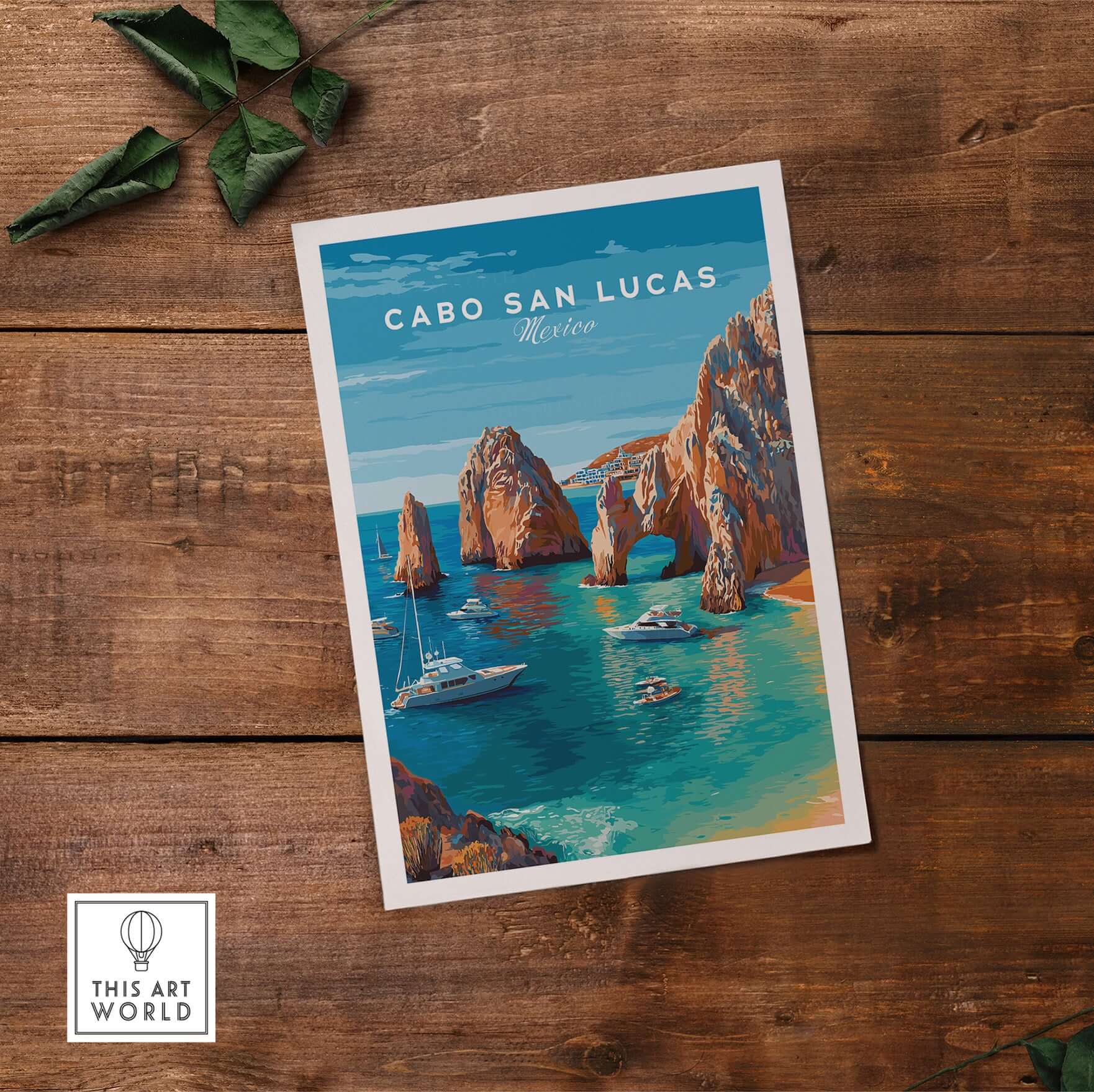 Mexico Cabo San Lucas El Arco Seascape Print Boats Cliffs Travel Poster Wall Art displayed on wooden surface.