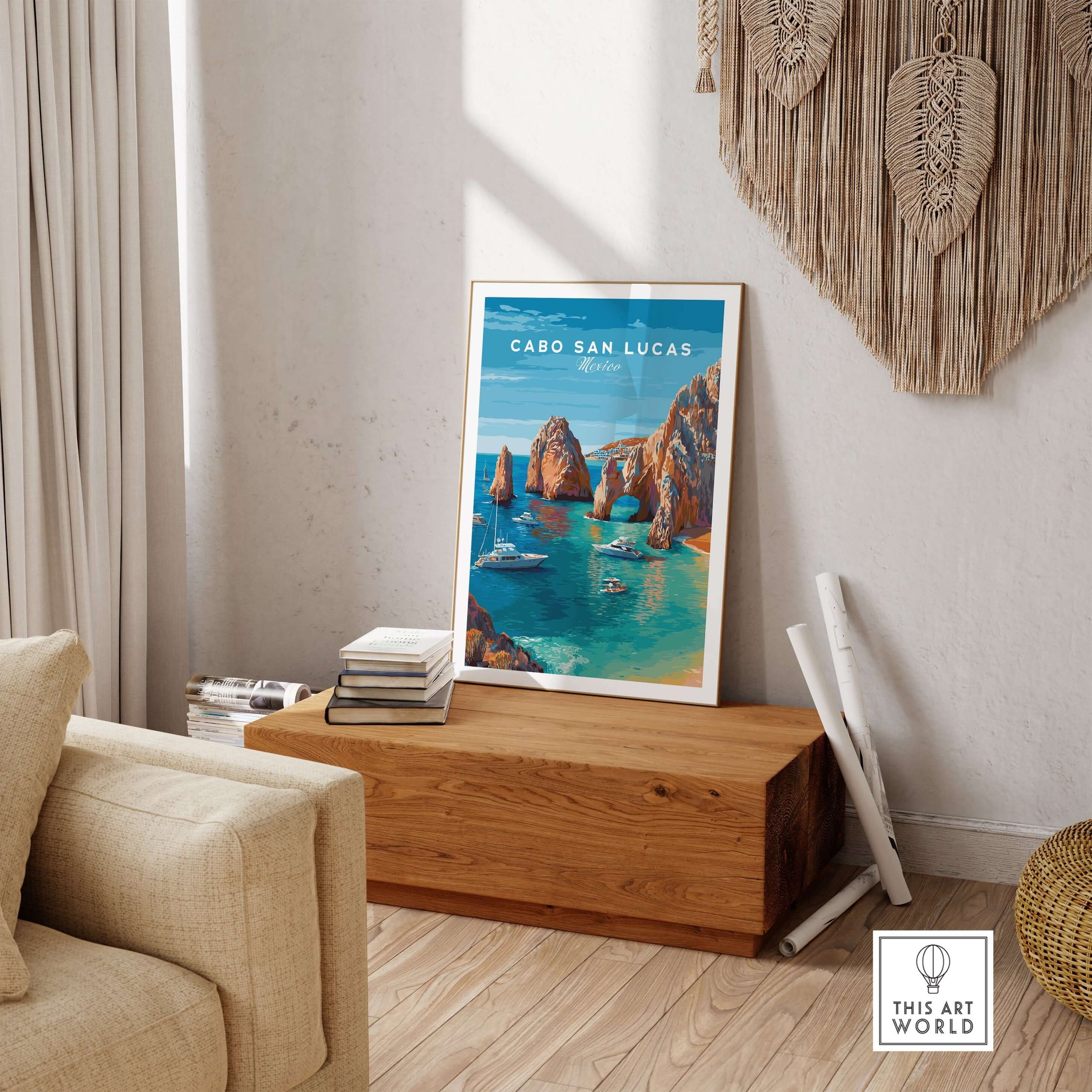 Mexico Cabo San Lucas El Arco Seascape Print Boats Cliffs Travel Poster Wall Art displayed in a cozy living room.
