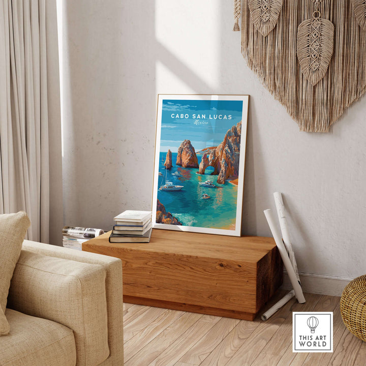 Cabo San Lucas El Arco seascape print displayed in modern living room, showcasing boats and cliffs in vibrant colors.