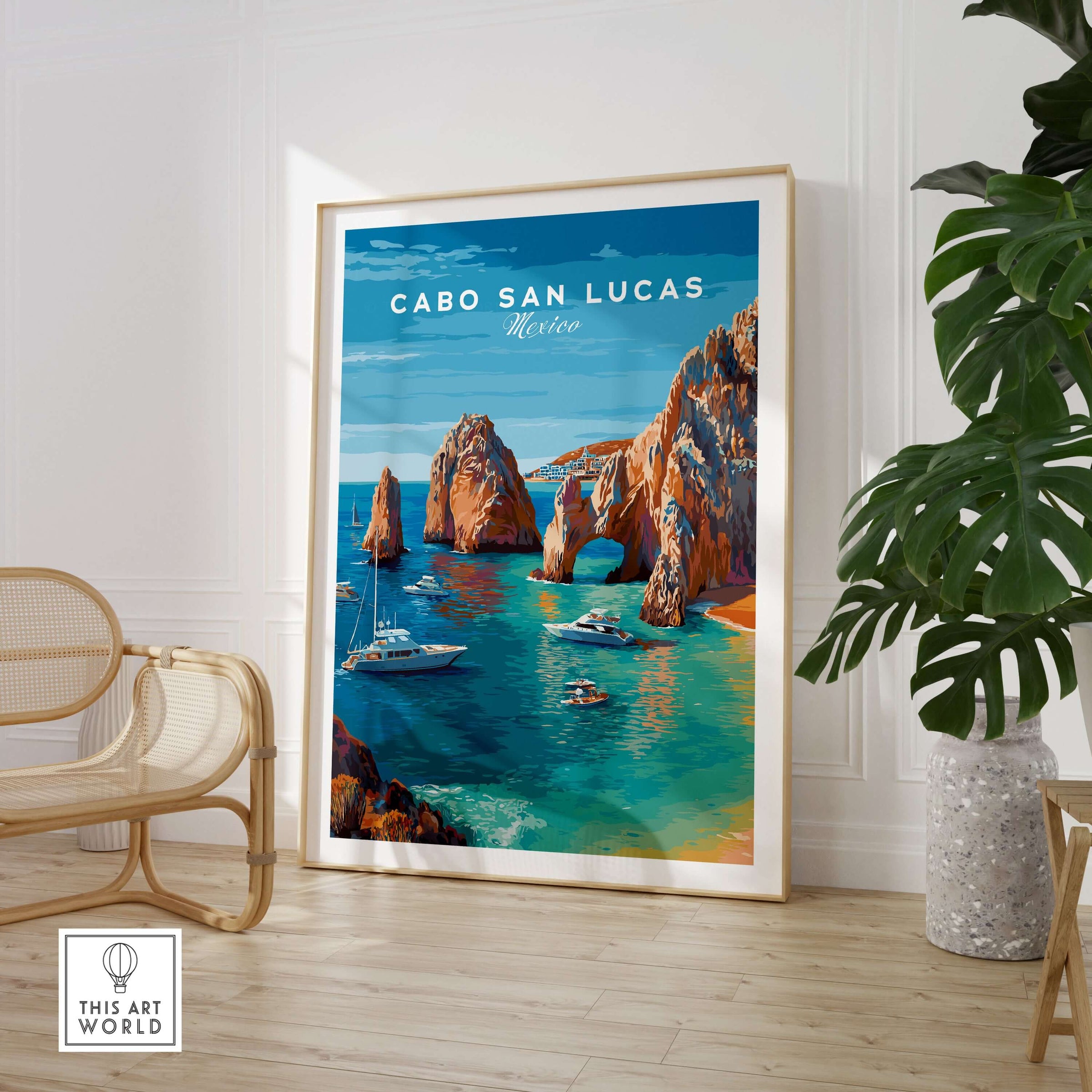 Mexico Cabo San Lucas El Arco Seascape Print Boats Cliffs Travel Poster Wall Art framed in modern interior decor.