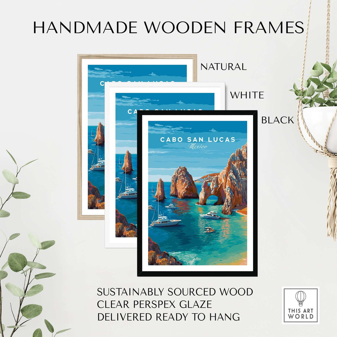 Handmade wooden frames in natural, white, and black for Cabo San Lucas seascape prints, featuring sustainable wood and clear glaze.