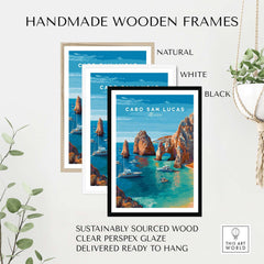 Mexico Cabo San Lucas El Arco Seascape Print Boats Cliffs Travel Poster Wall Art in handmade wooden frames