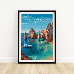 Mexico Cabo San Lucas El Arco Seascape Print Boats Cliffs Travel Poster Wall Art