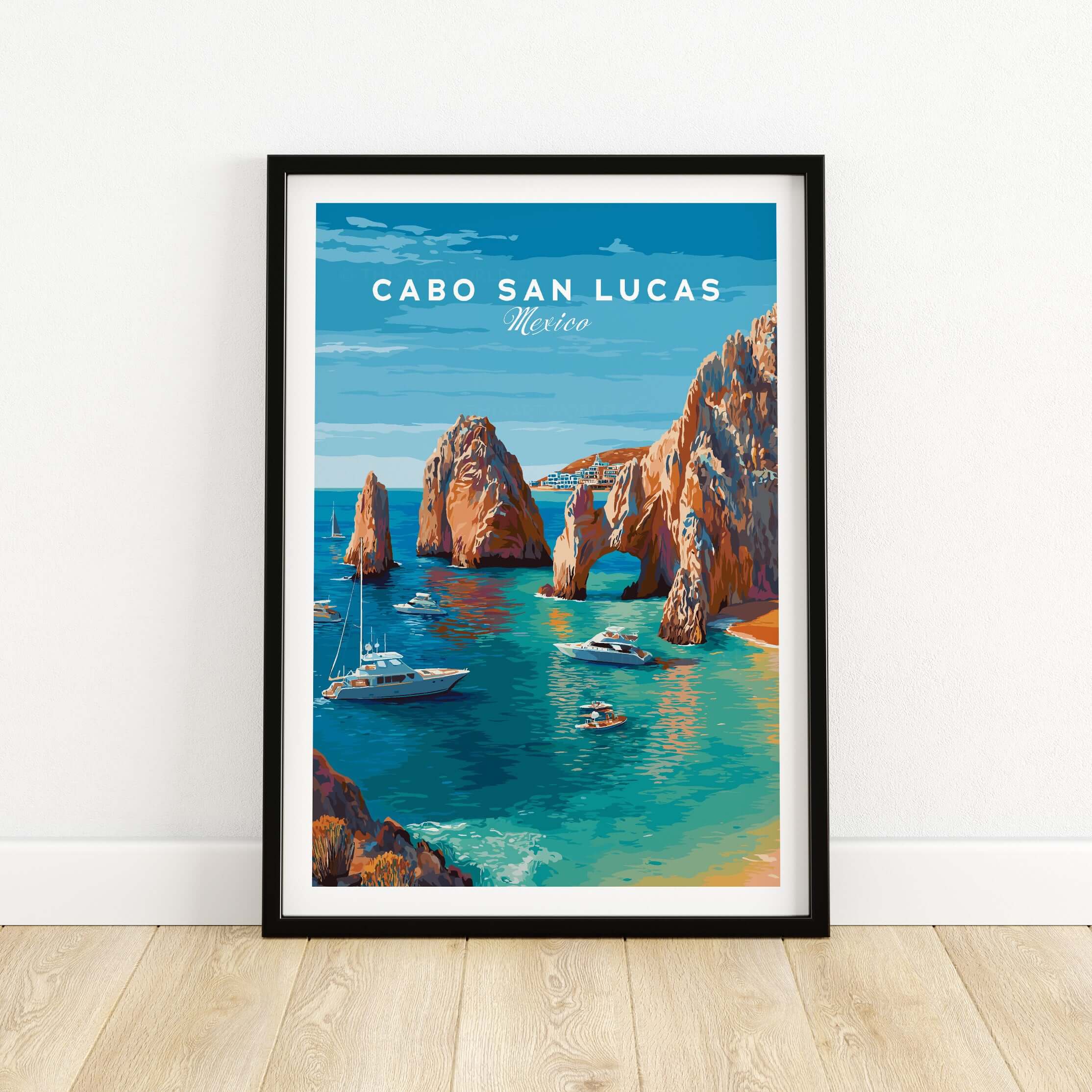 Mexico Cabo San Lucas El Arco Seascape Print Boats Cliffs Travel Poster Wall Art