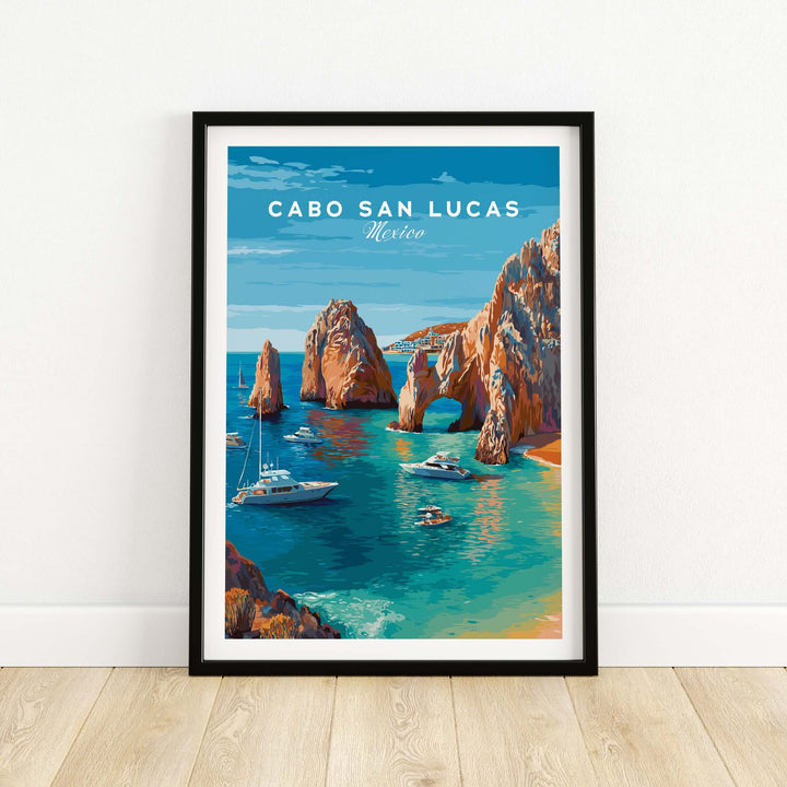 Cabo San Lucas El Arco seascape print featuring boats and cliffs, vibrant travel poster wall art.