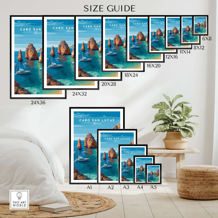 Size guide for Cabo San Lucas El Arco seascape prints, showcasing various frame sizes and styles on a bedroom wall.