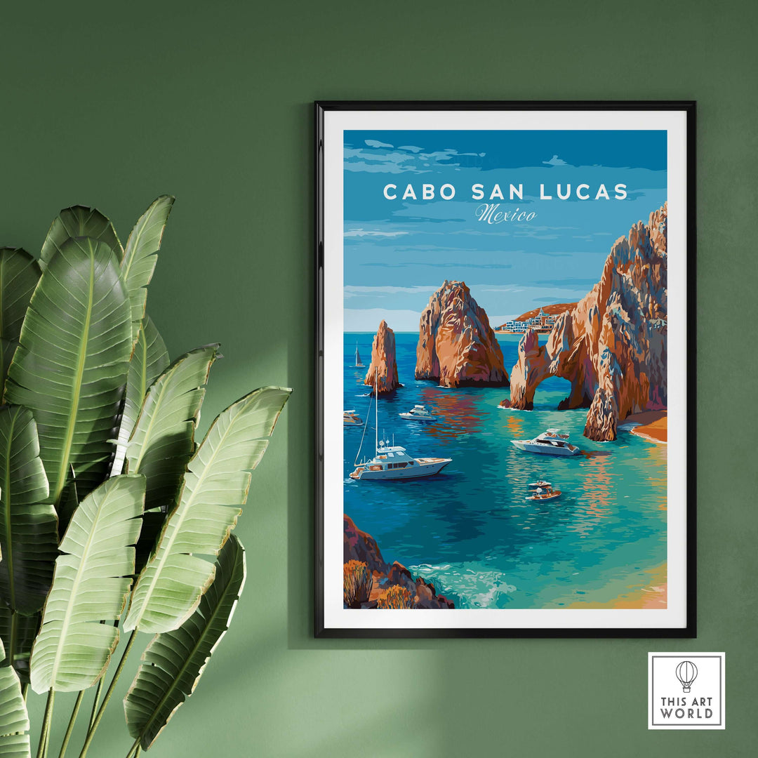 Cabo San Lucas El Arco seascape print featuring boats and cliffs, vibrant wall art decor for travel enthusiasts.