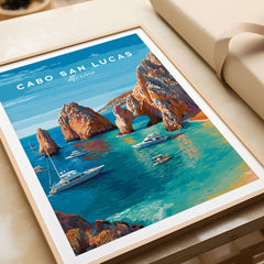 Mexico Cabo San Lucas El Arco Seascape Print Boats Cliffs Travel Poster Wall Art displayed in a stylish frame.