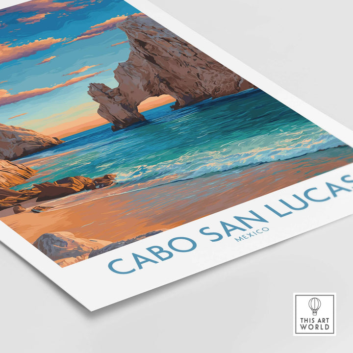 Cabo San Lucas sunset poster featuring El Arco and vibrant coastal landscape print.