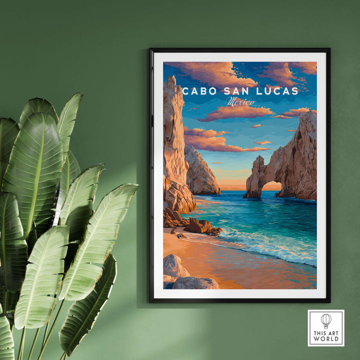 Cabo San Lucas sunset print featuring El Arco, vibrant colors, coastal scene wall art decor.