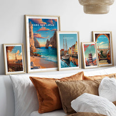 Cabo San Lucas Mexico Travel Print Sunset El Arco Poster Beach Wall Art Decor displayed on a cozy wall with other travel prints.