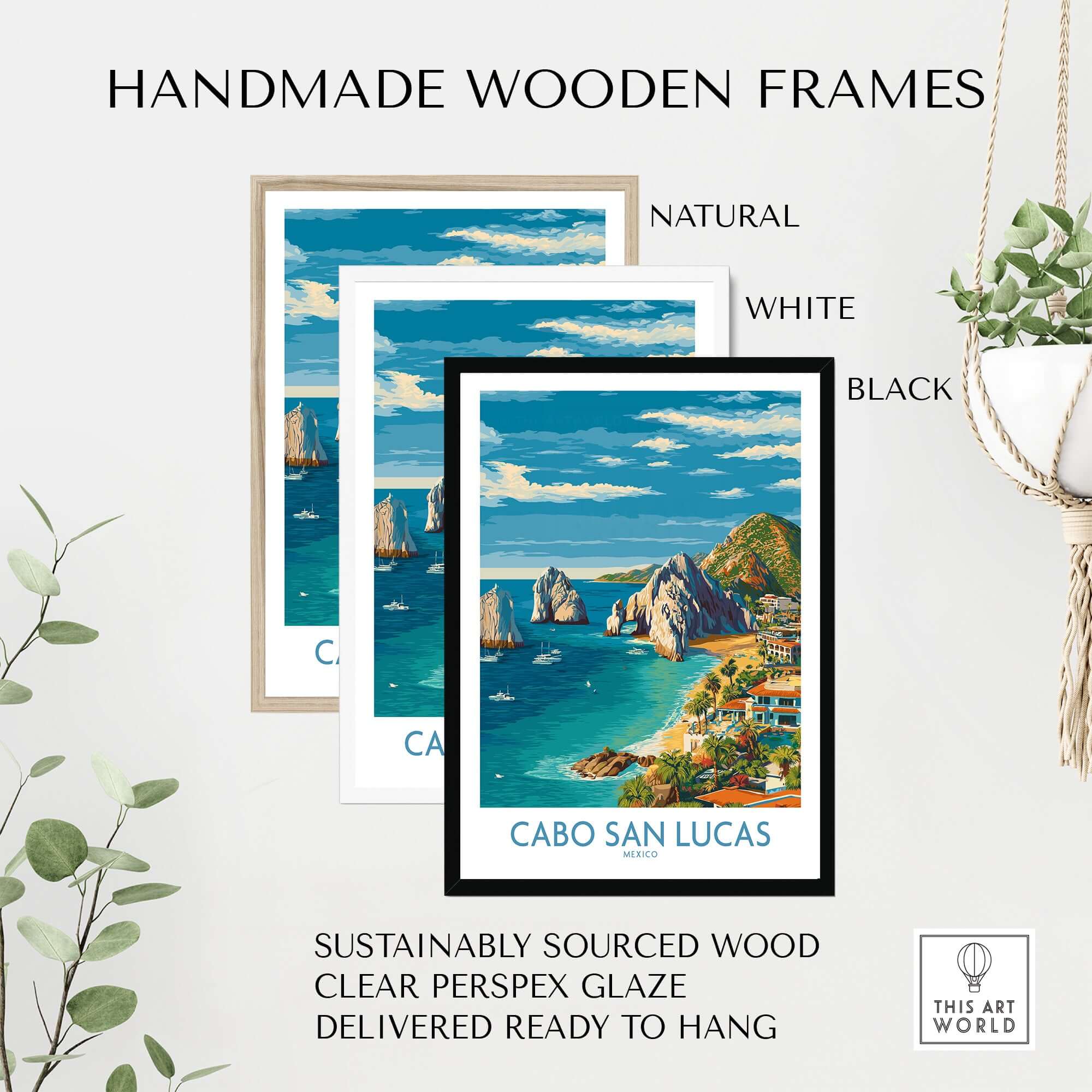 Mexico Cabo San Lucas Coastline Travel Poster Resort View Print Seascape Wall Art in handmade wooden frames
