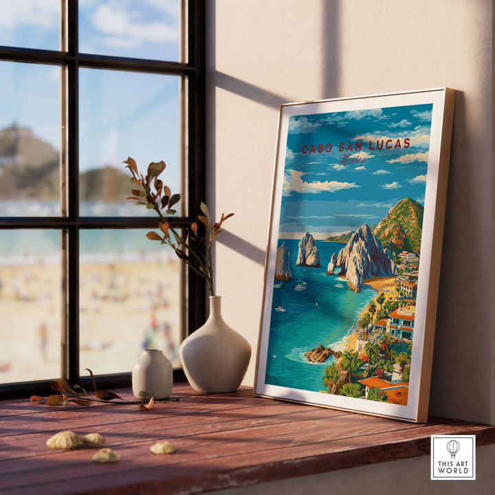 Cabo San Lucas Mexico travel print featuring coastline, beaches, and resorts in vibrant colors on a stylish frame.