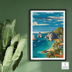 Cabo San Lucas Mexico Travel Print Coastal Town Beach Resorts Poster Wall Art featuring coastline and rock formations.