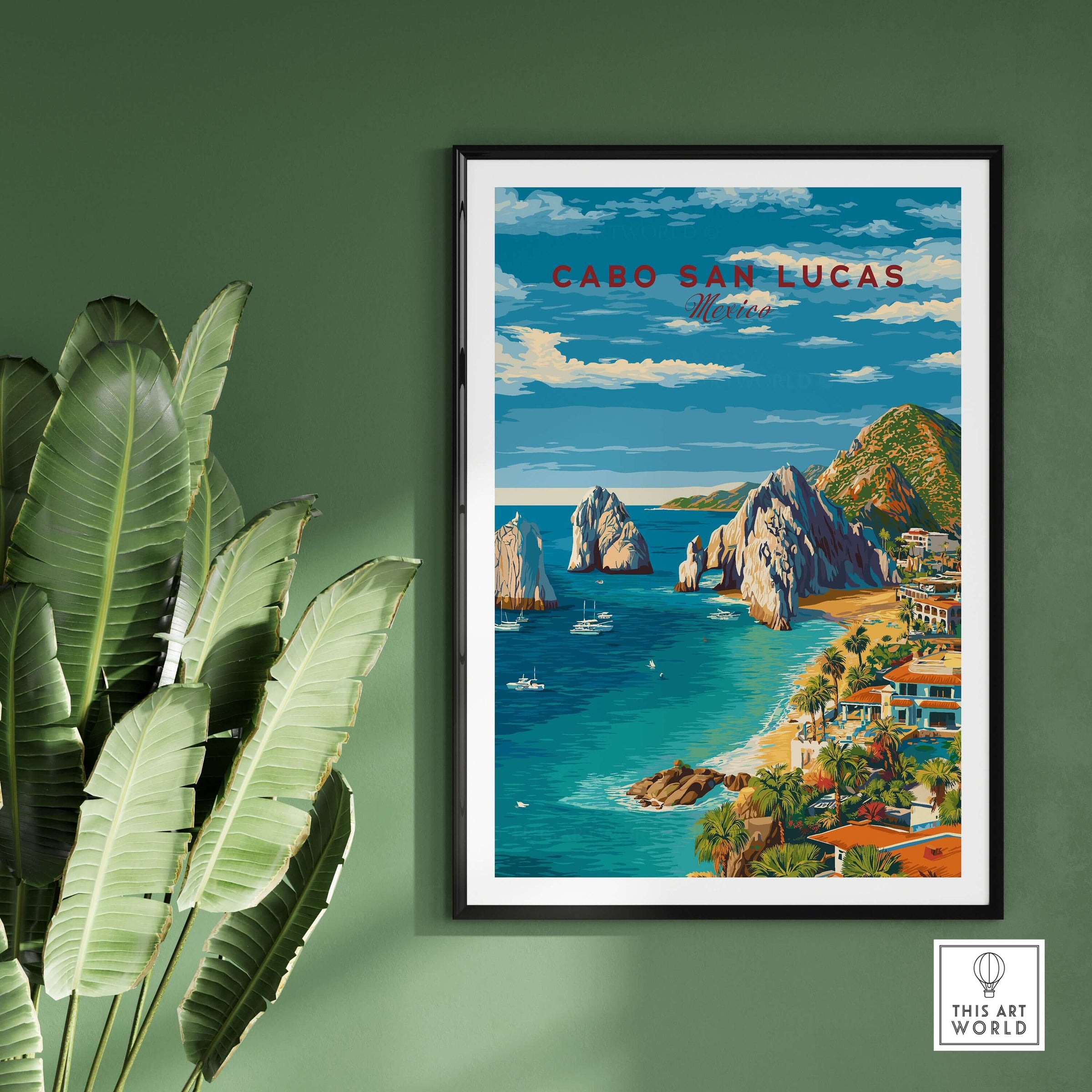 Cabo San Lucas Mexico Travel Print Coastal Town Beach Resorts Poster Wall Art featuring coastline and rock formations.