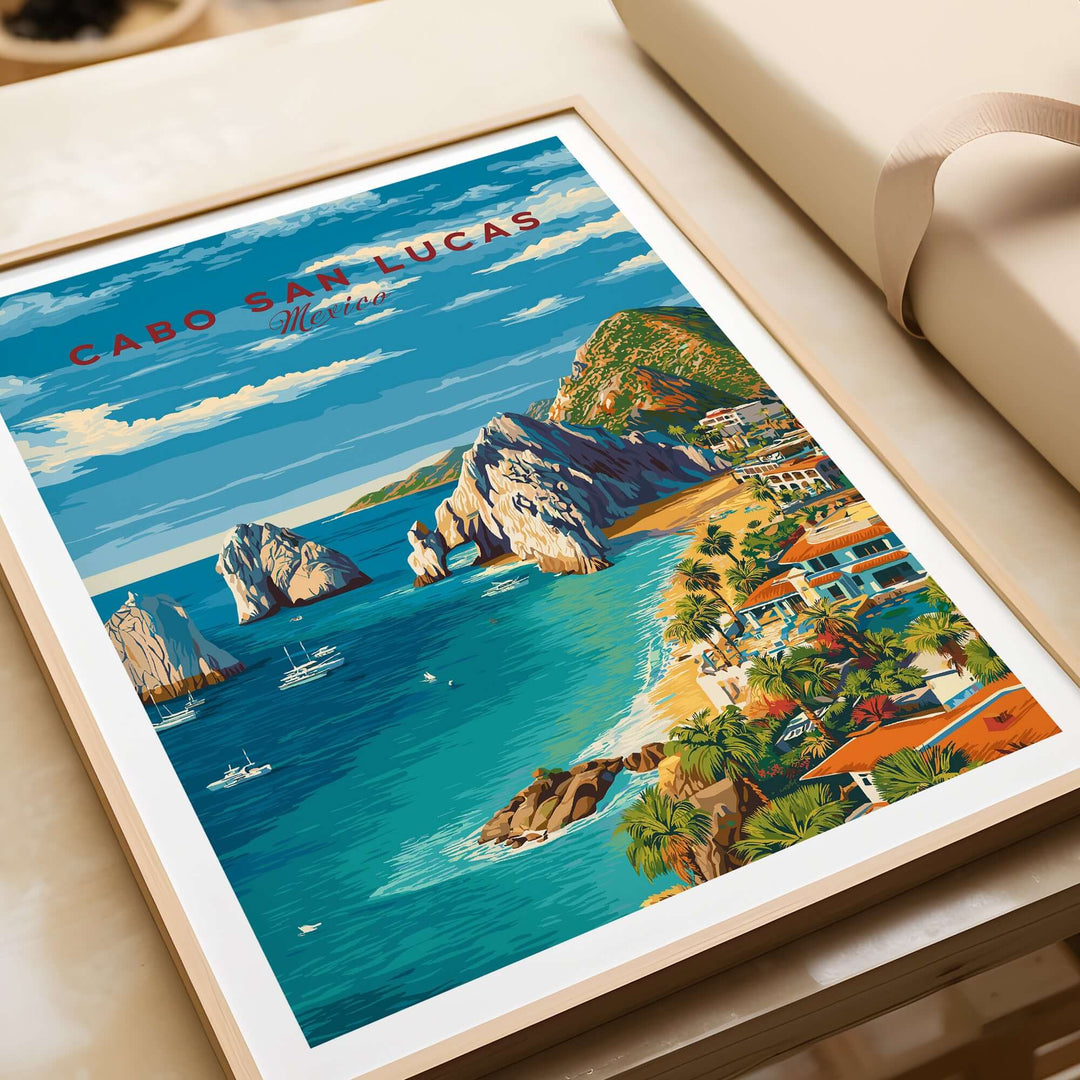 Cabo San Lucas Mexico travel print featuring coastal beach view, resorts, and iconic rock formations.