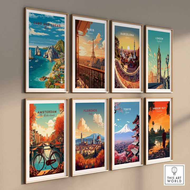 Collection of travel prints showcasing iconic cities including Cabo San Lucas, Paris, Barcelona, and more.