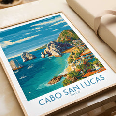 Mexico Cabo San Lucas Coastline Travel Poster Resort View Print Seascape Wall Art showcasing vibrant coastline and rocky outcrops.